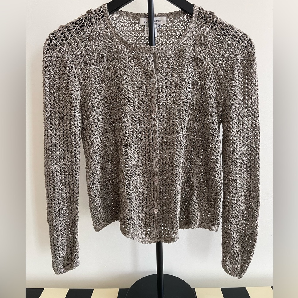 Silver Gray Crochet Silk Cardigan Sweater